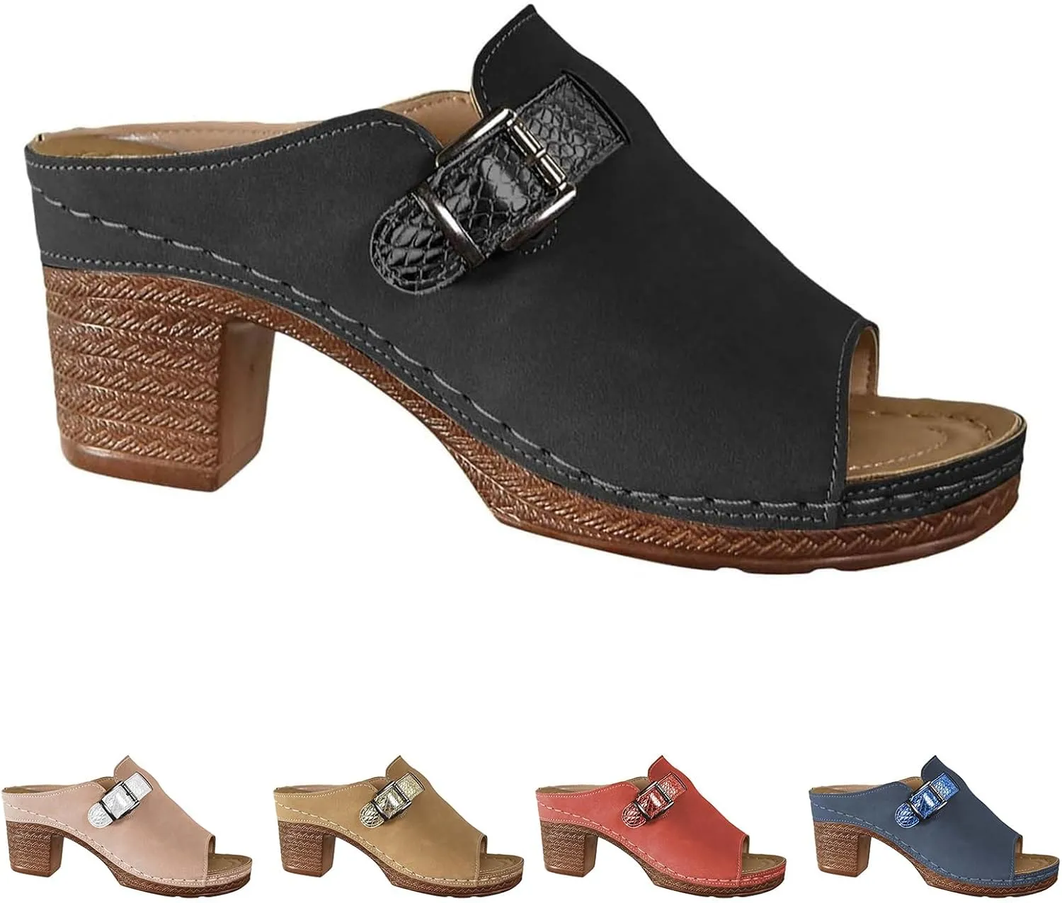 Women's Summer Sandals Comfortable Square Open Toe Heels Sandals Orthopedic Sandal with Arch Support Dressy Casual Mules Fashion Slip On Shoes Breathable Open Back Shoes
