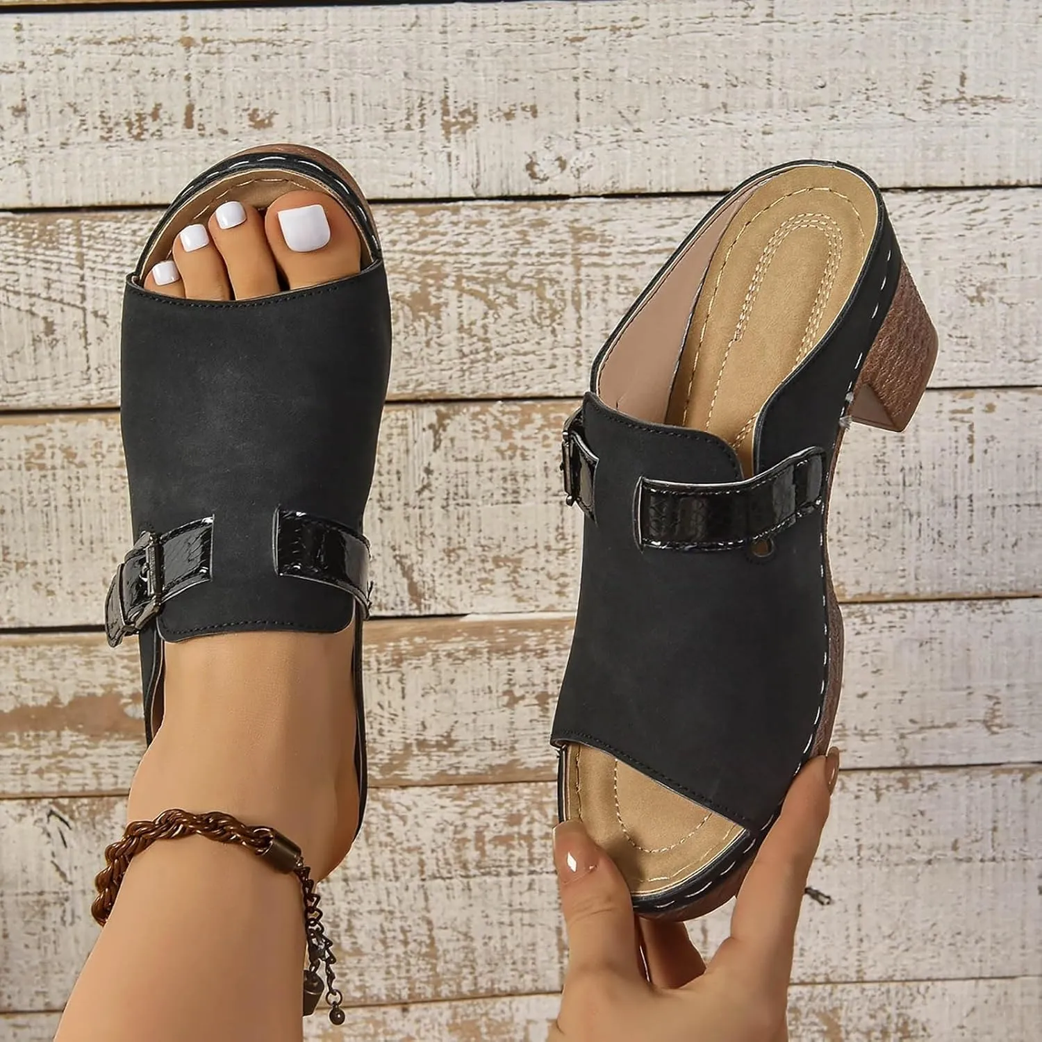 Women's Summer Sandals Comfortable Square Open Toe Heels Sandals Orthopedic Sandal with Arch Support Dressy Casual Mules Fashion Slip On Shoes Breathable Open Back Shoes