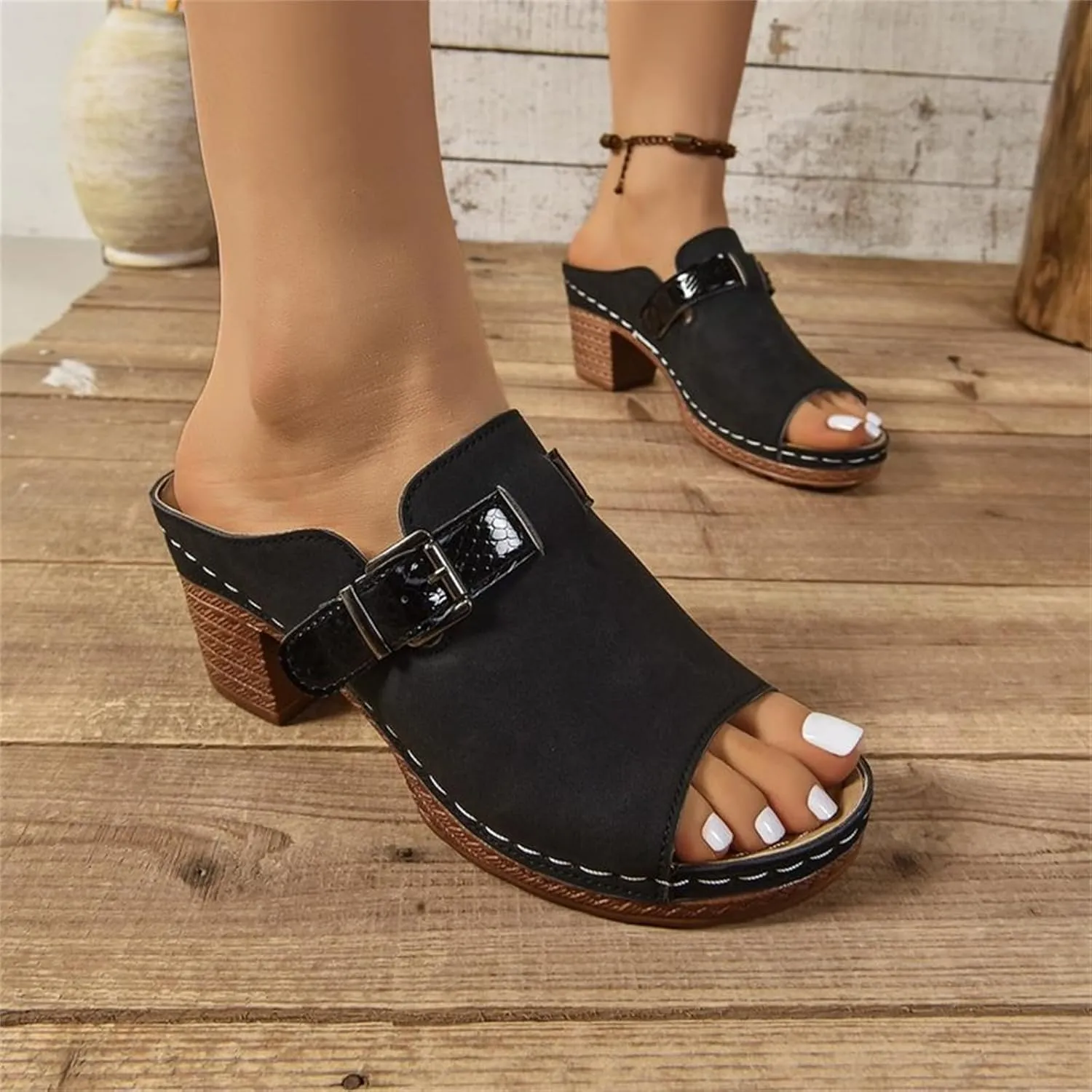 Women's Summer Sandals Comfortable Square Open Toe Heels Sandals Orthopedic Sandal with Arch Support Dressy Casual Mules Fashion Slip On Shoes Breathable Open Back Shoes