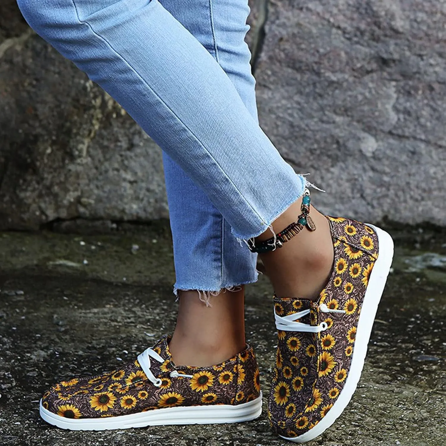 Women's Sunflower Casual Canvas Wendy Shoes,Fashion Lightweight Comfort Slip On Round Toe Sports Walking Flats