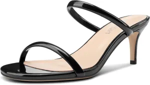 Women's Two Strap Round Open Toe Heeled Sandals Kitten Heel Slip On Mules for Prom Party 2.6 Inches Heels