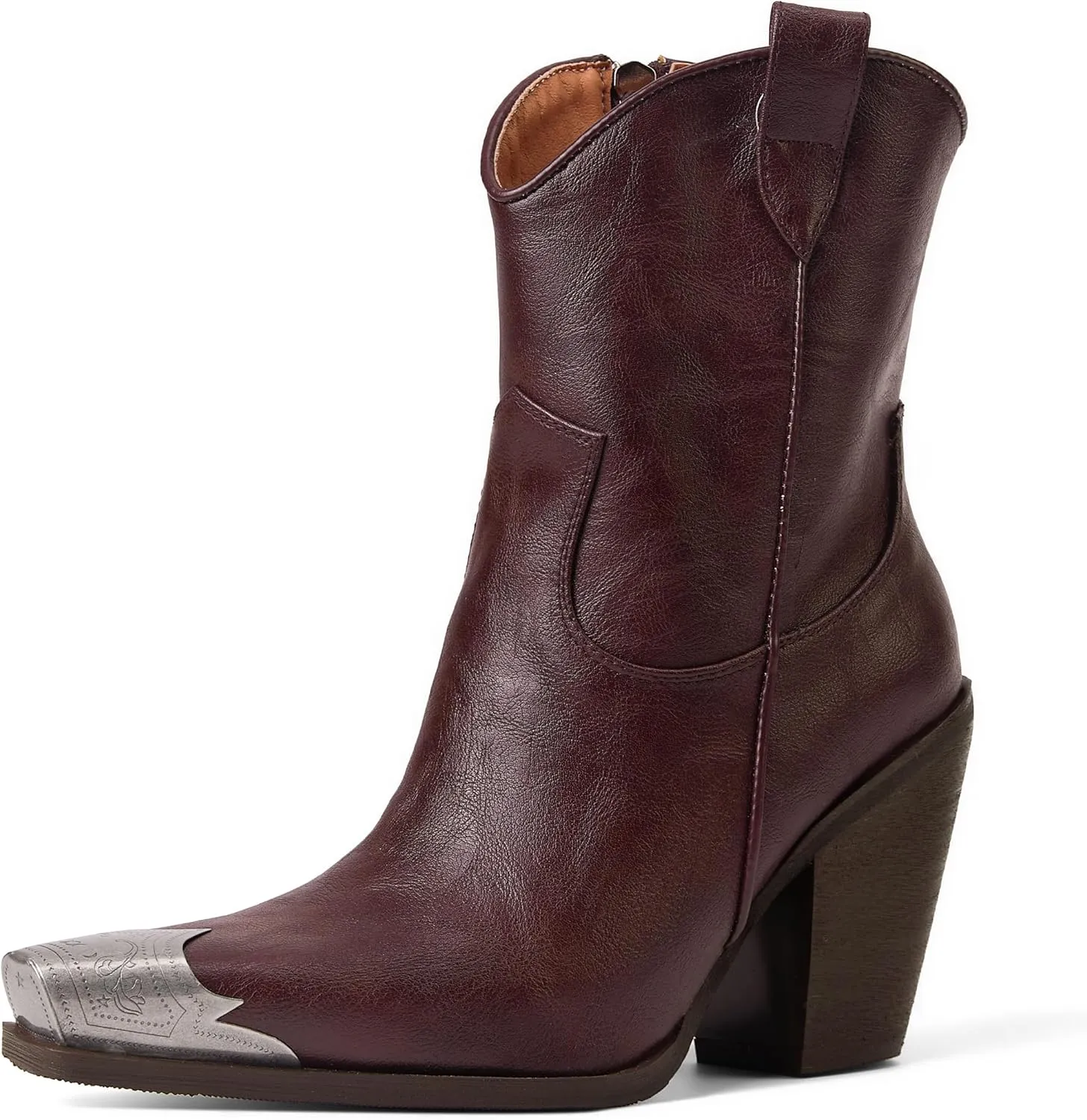 Womens Western Ankle Boots Engraved Metal Toe Cowgirl Booties Stacked Block Heeled Cowboy Boots Fashion Western Party Heeled Shoes