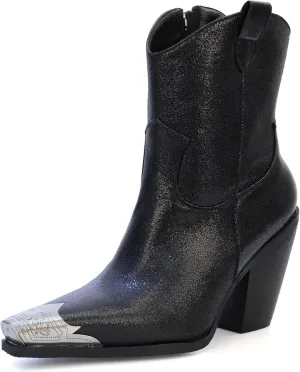 Womens Western Ankle Boots Engraved Metal Toe Cowgirl Booties Stacked Block Heeled Cowboy Boots Fashion Western Party Heeled Shoes