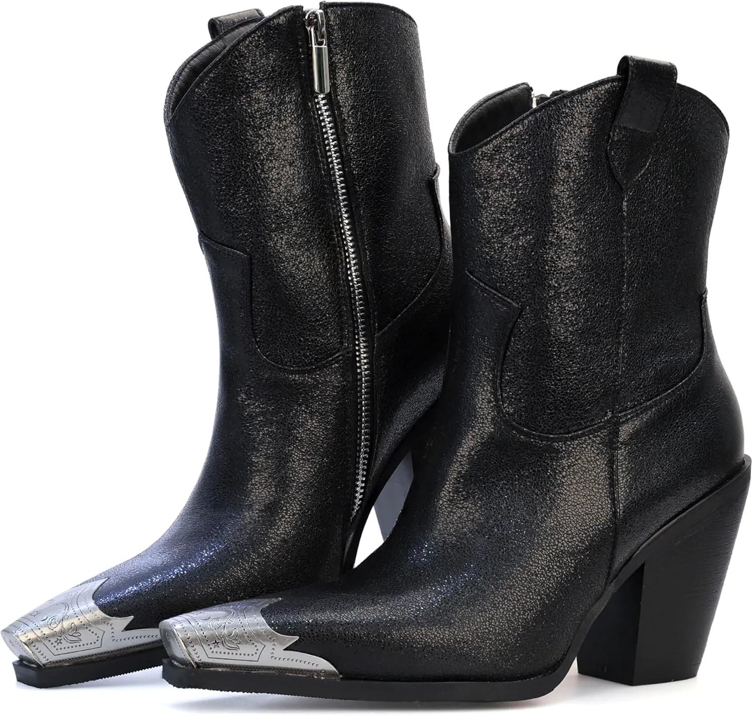 Womens Western Ankle Boots Engraved Metal Toe Cowgirl Booties Stacked Block Heeled Cowboy Boots Fashion Western Party Heeled Shoes