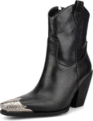 Womens Western Ankle Boots Engraved Metal Toe Cowgirl Booties Stacked Block Heeled Cowboy Boots Fashion Western Party Heeled Shoes
