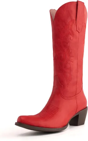 Womens White Cowgirl Boots Fashion Over the Knee Boots With Classic Embroidery Chunky Heels And Western Style