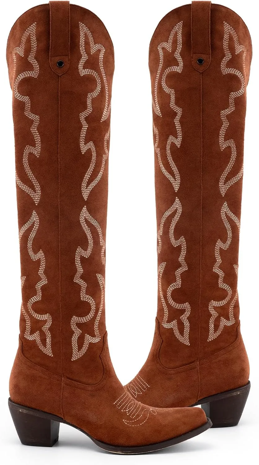 Womens White Cowgirl Boots Fashion Over the Knee Boots With Classic Embroidery Chunky Heels And Western Style