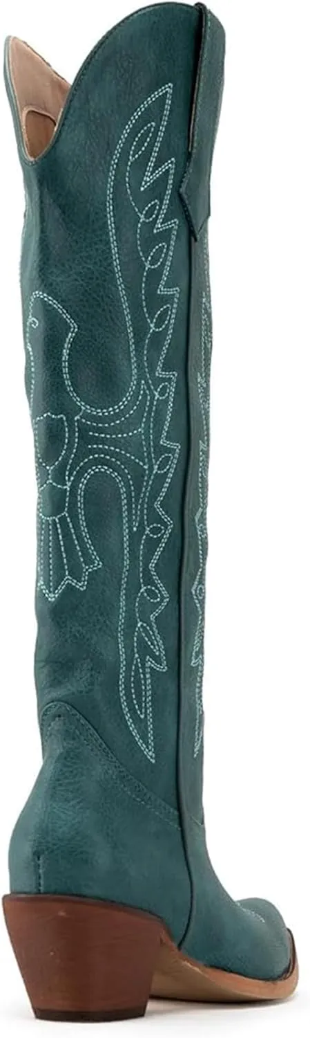 Womens White Cowgirl Boots Fashion Over the Knee Boots With Classic Embroidery Chunky Heels And Western Style