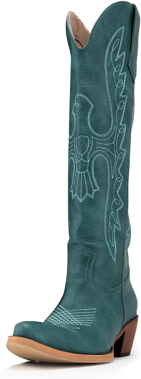 Womens White Cowgirl Boots Fashion Over the Knee Boots With Classic Embroidery Chunky Heels And Western Style