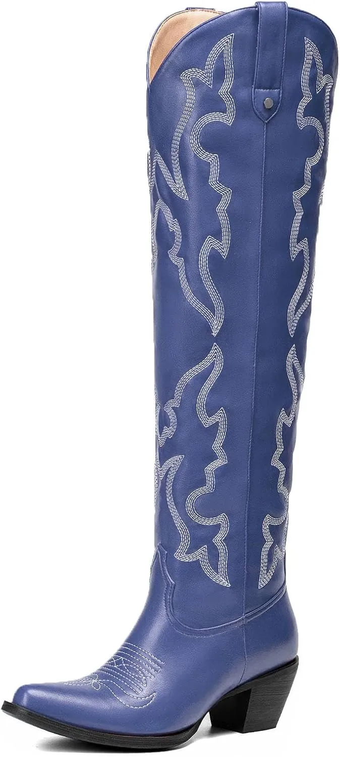Womens White Cowgirl Boots Fashion Over the Knee Boots With Classic Embroidery Chunky Heels And Western Style