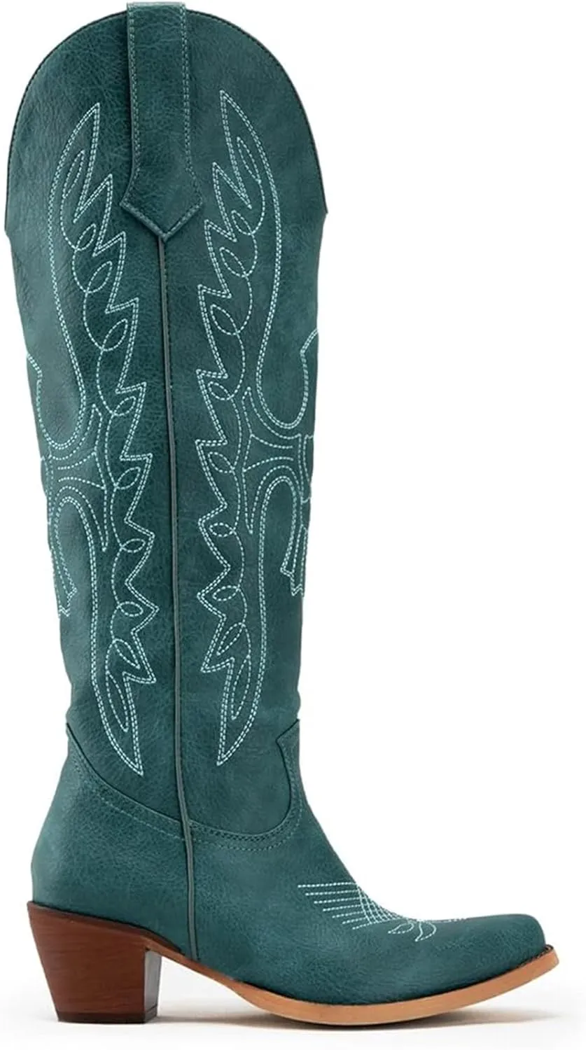 Womens White Cowgirl Boots Fashion Over the Knee Boots With Classic Embroidery Chunky Heels And Western Style