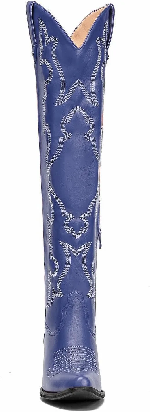 Womens White Cowgirl Boots Fashion Over the Knee Boots With Classic Embroidery Chunky Heels And Western Style