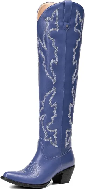 Womens White Cowgirl Boots Fashion Over the Knee Boots With Classic Embroidery Chunky Heels And Western Style