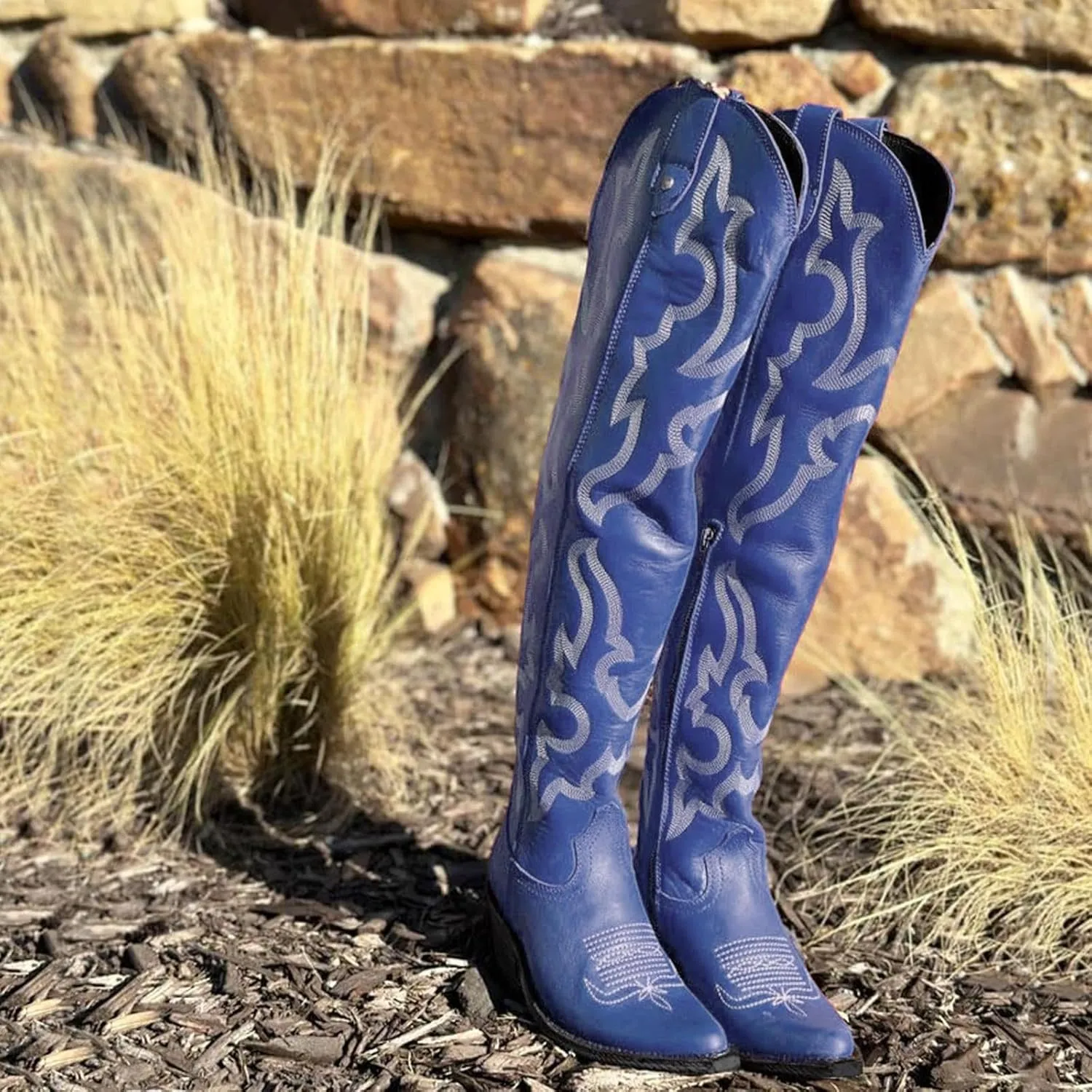 Womens White Cowgirl Boots Fashion Over the Knee Boots With Classic Embroidery Chunky Heels And Western Style