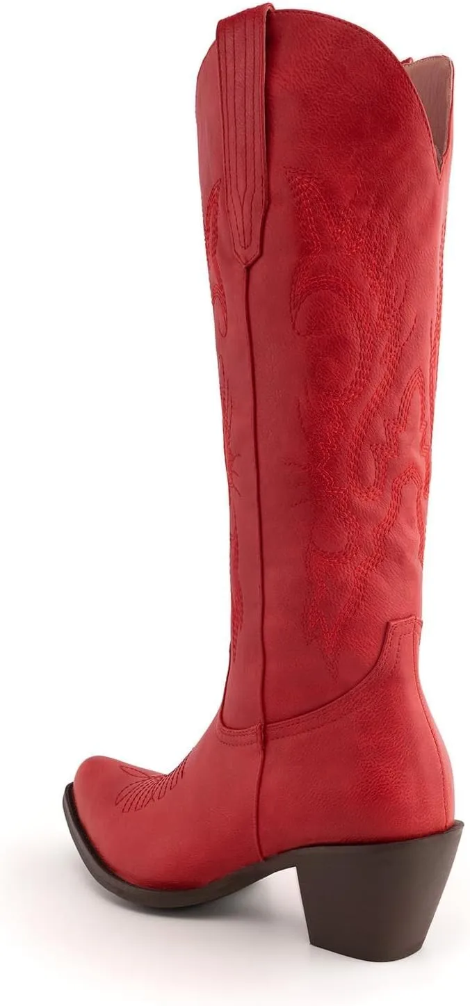 Womens White Cowgirl Boots Fashion Over the Knee Boots With Classic Embroidery Chunky Heels And Western Style