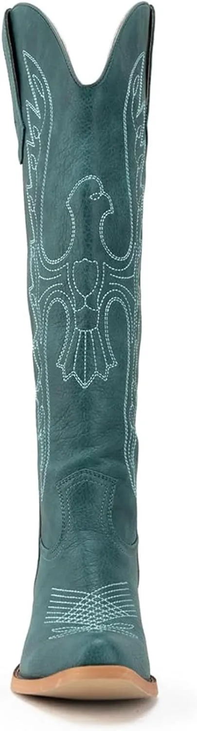 Womens White Cowgirl Boots Fashion Over the Knee Boots With Classic Embroidery Chunky Heels And Western Style