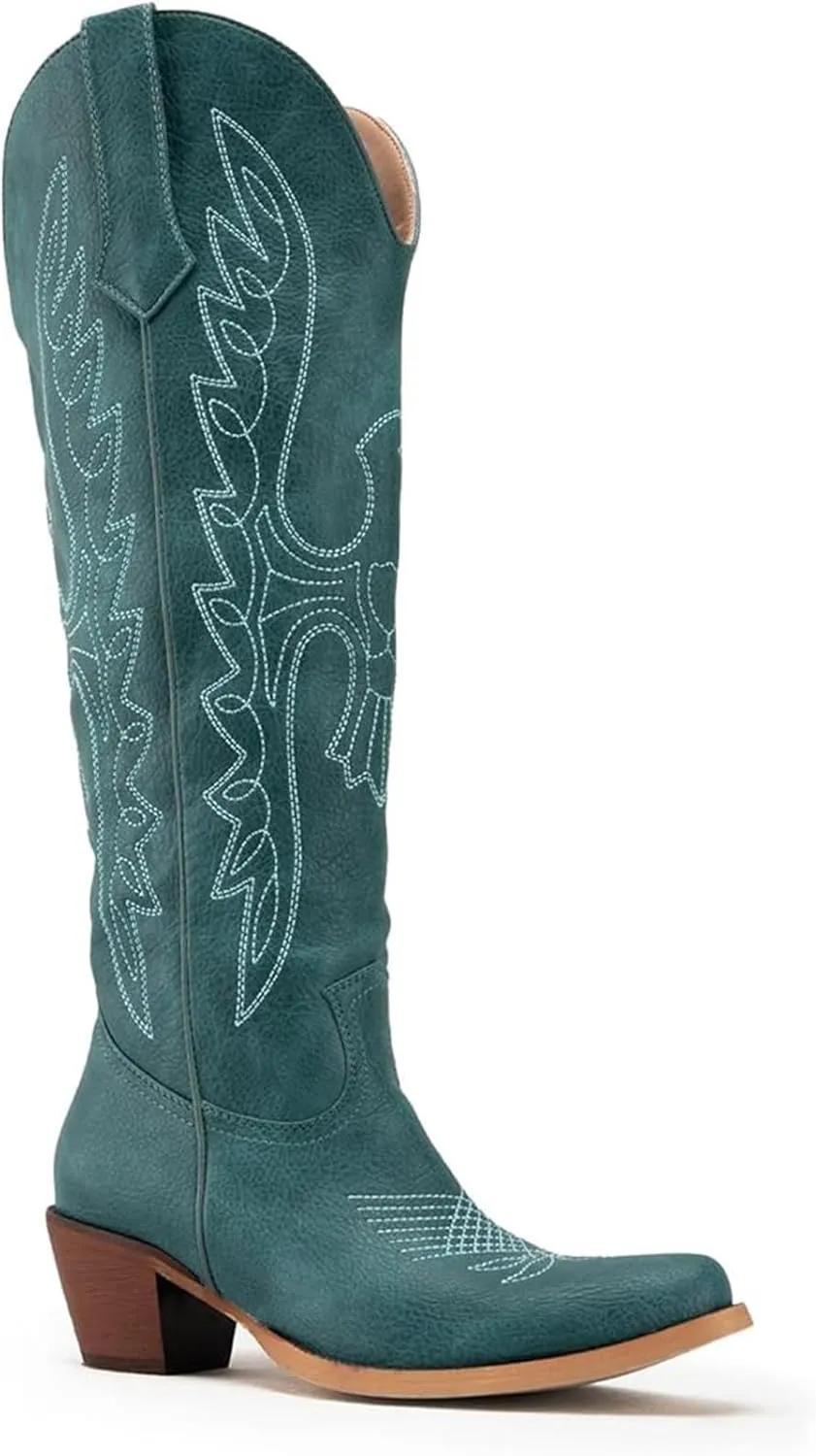 Womens White Cowgirl Boots Fashion Over the Knee Boots With Classic Embroidery Chunky Heels And Western Style
