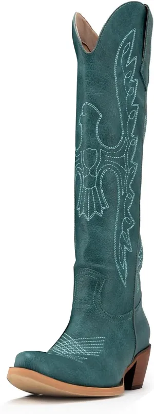 Womens White Cowgirl Boots Fashion Over the Knee Boots With Classic Embroidery Chunky Heels And Western Style