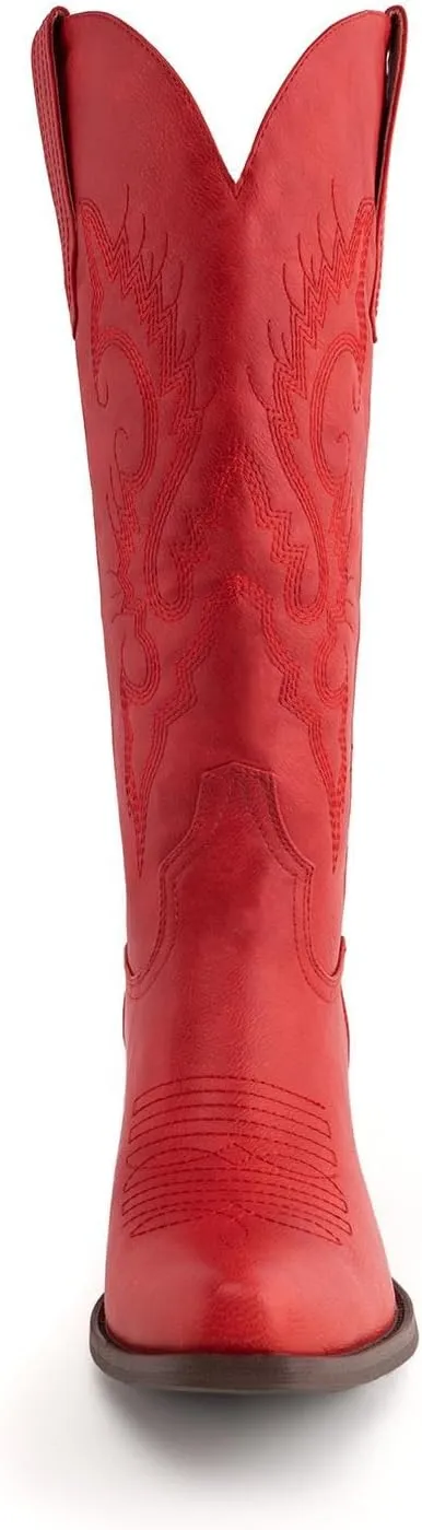 Womens White Cowgirl Boots Fashion Over the Knee Boots With Classic Embroidery Chunky Heels And Western Style