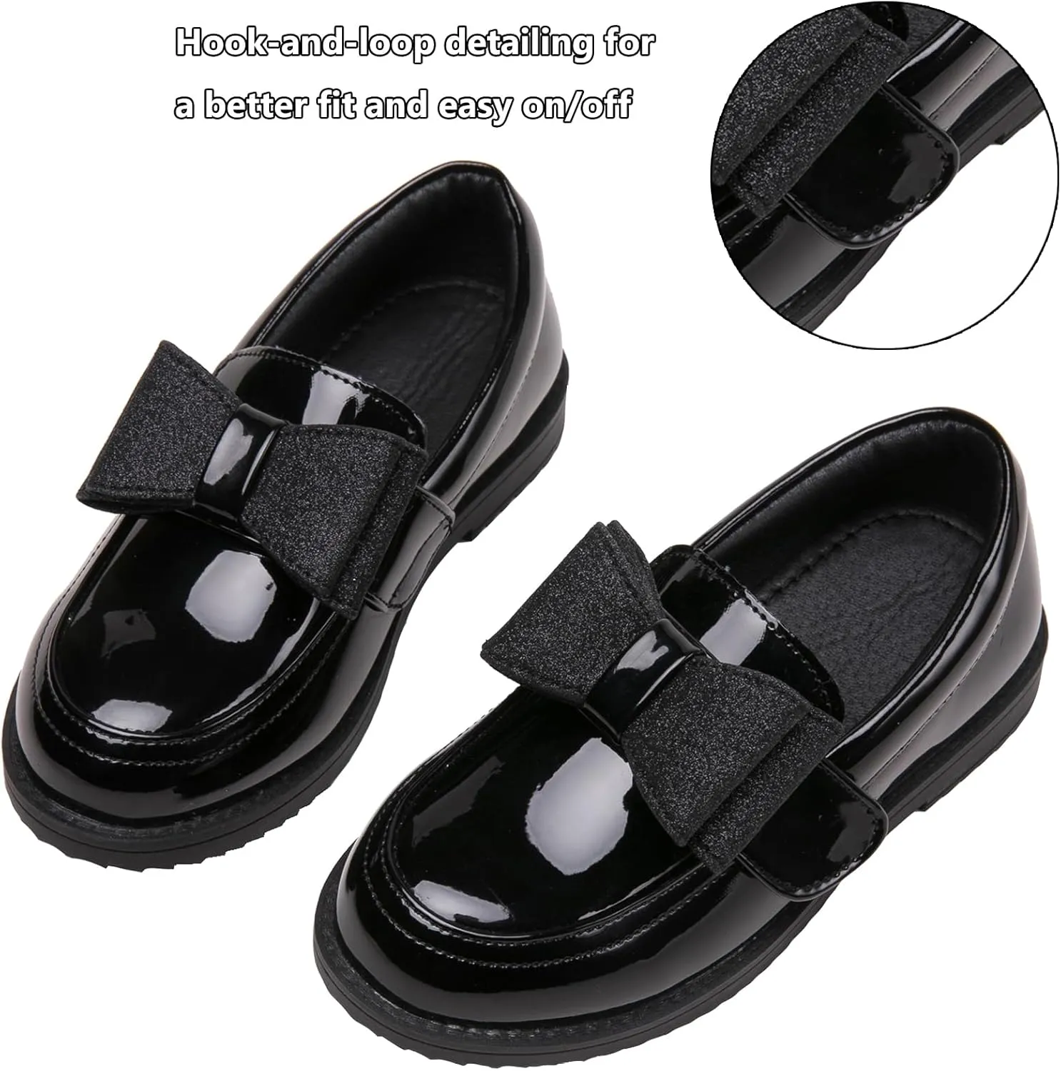 WUIWUIYU Girl's School Uniform Shoes Bow Cute Dress Oxfords Slip-on Hook-and-Loop Preppy Style Flat Shoes