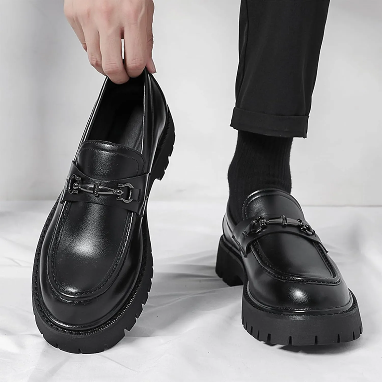 XENTORD Men's Patent Leather Platform Loafers Comfort Non-Slip Lug Sole Slip-On Dress Shoes with Metal Horsebit Detail for Business Office & Casual