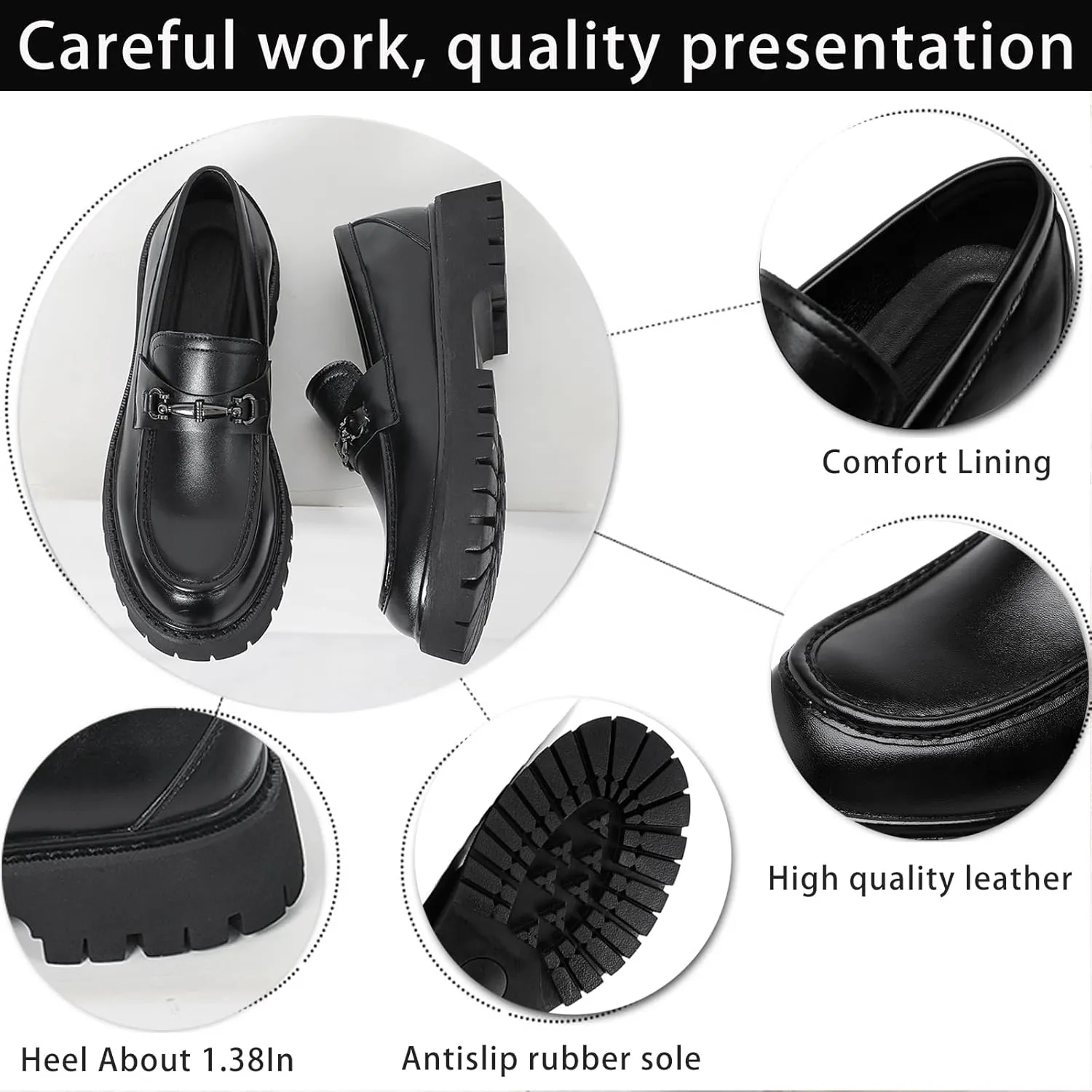 XENTORD Men's Patent Leather Platform Loafers Comfort Non-Slip Lug Sole Slip-On Dress Shoes with Metal Horsebit Detail for Business Office & Casual