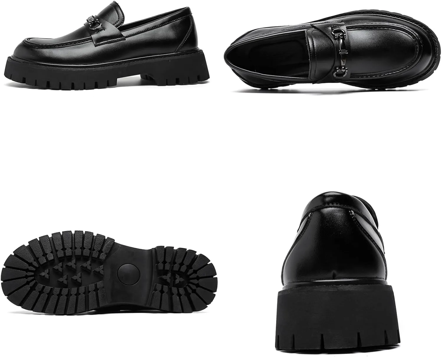 XENTORD Men's Patent Leather Platform Loafers Comfort Non-Slip Lug Sole Slip-On Dress Shoes with Metal Horsebit Detail for Business Office & Casual