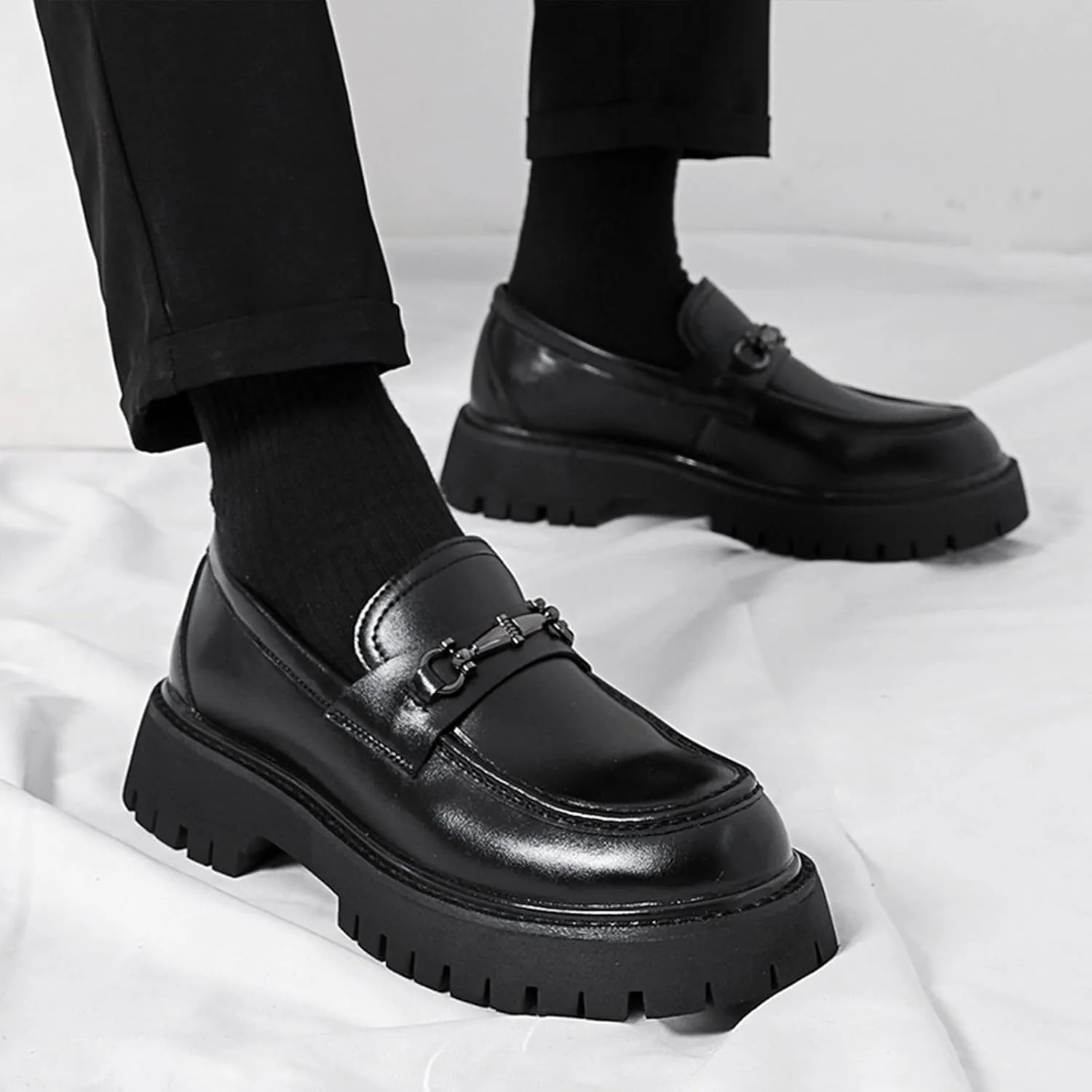XENTORD Men's Patent Leather Platform Loafers Comfort Non-Slip Lug Sole Slip-On Dress Shoes with Metal Horsebit Detail for Business Office & Casual