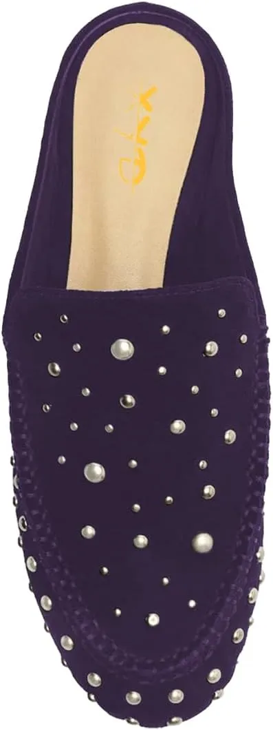 XYD Women Comfortable Slip On Flat Mules with Multisized Studs Closed Round Toe Low Heel Dressy Chic Daily Fall Shoes