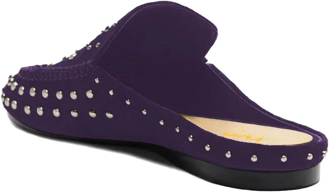 XYD Women Comfortable Slip On Flat Mules with Multisized Studs Closed Round Toe Low Heel Dressy Chic Daily Fall Shoes