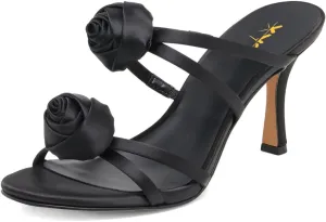 XYD Women Satin Flowers Open Toe High Heel Stiletto Mules Multi Straps Slip-on Slides Sandals Summer Dress Date Shoes