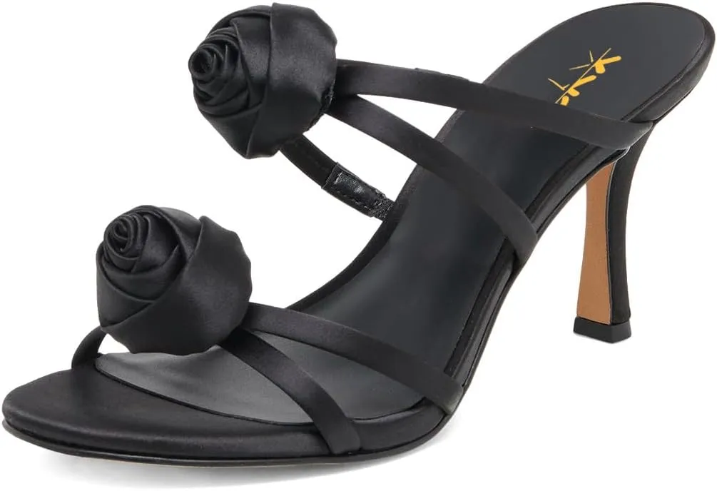 XYD Women Satin Flowers Open Toe High Heel Stiletto Mules Multi Straps Slip-on Slides Sandals Summer Dress Date Shoes