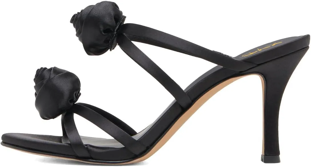 XYD Women Satin Flowers Open Toe High Heel Stiletto Mules Multi Straps Slip-on Slides Sandals Summer Dress Date Shoes