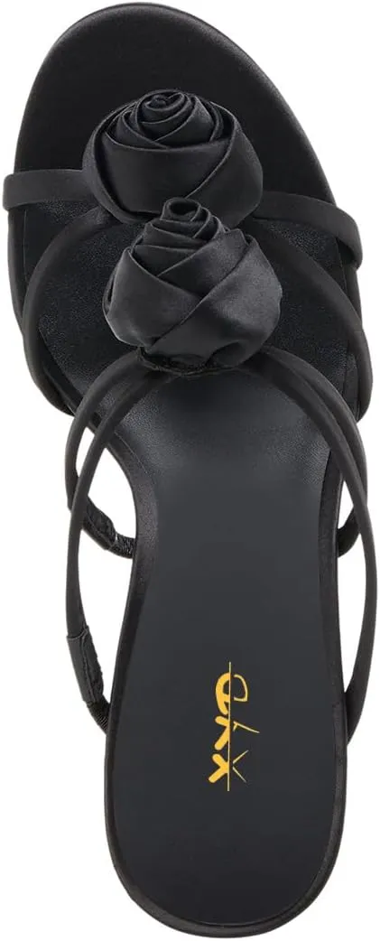 XYD Women Satin Flowers Open Toe High Heel Stiletto Mules Multi Straps Slip-on Slides Sandals Summer Dress Date Shoes