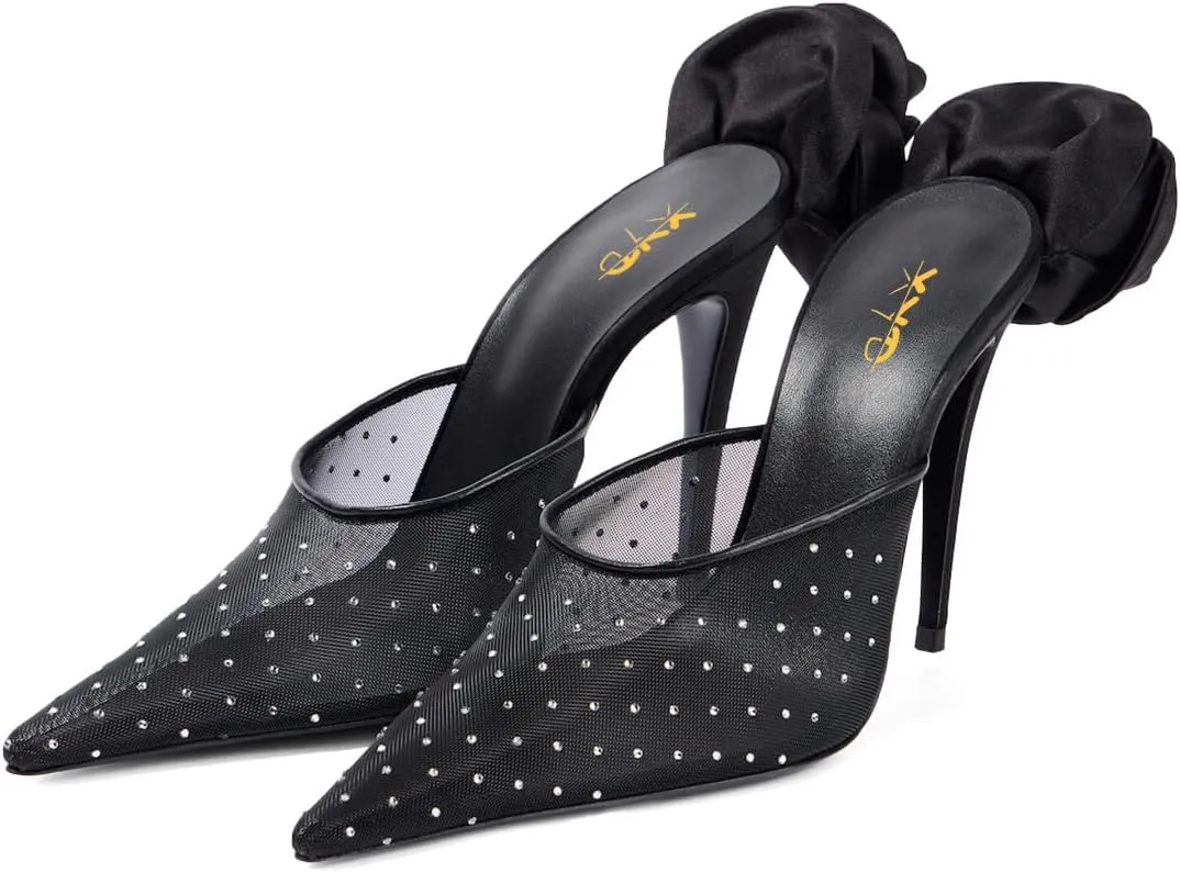 XYD Women Sexy Pointed Toe Mules with Crystals Sheer Mesh Stiletto Heel Sandals Rear Flower Evening Shoes
