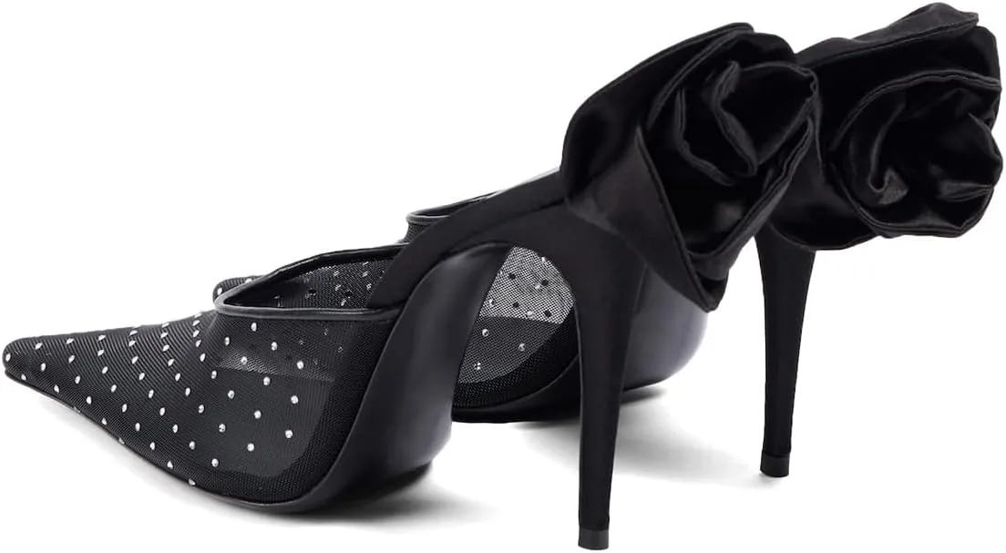 XYD Women Sexy Pointed Toe Mules with Crystals Sheer Mesh Stiletto Heel Sandals Rear Flower Evening Shoes