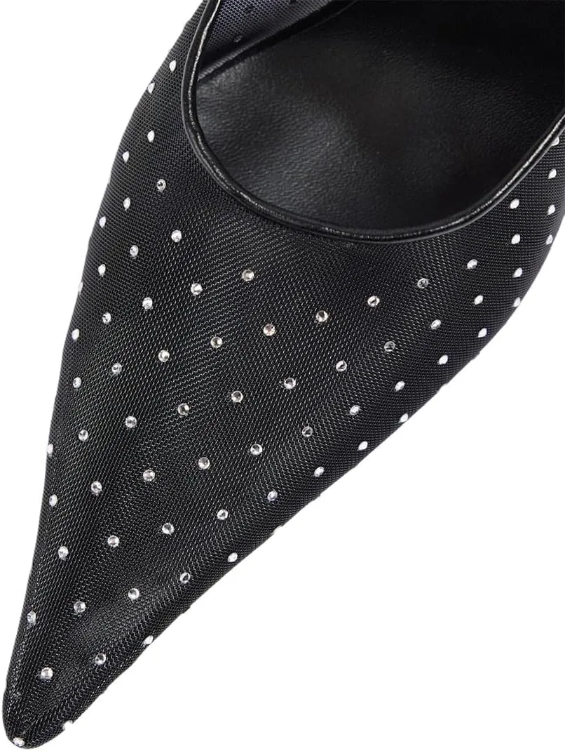 XYD Women Sexy Pointed Toe Mules with Crystals Sheer Mesh Stiletto Heel Sandals Rear Flower Evening Shoes
