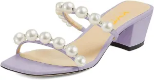 XYD Women Square Open Toe Pearls Embellished Dual Straps Slides Sandals Slip On Low/High Chunky Block Heel Chic Mules Summer Resort Outdoor Party Shoes