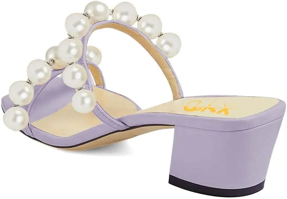 XYD Women Square Open Toe Pearls Embellished Dual Straps Slides Sandals Slip On Low/High Chunky Block Heel Chic Mules Summer Resort Outdoor Party Shoes