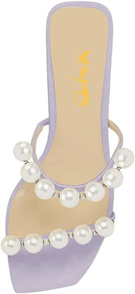 XYD Women Square Open Toe Pearls Embellished Dual Straps Slides Sandals Slip On Low/High Chunky Block Heel Chic Mules Summer Resort Outdoor Party Shoes