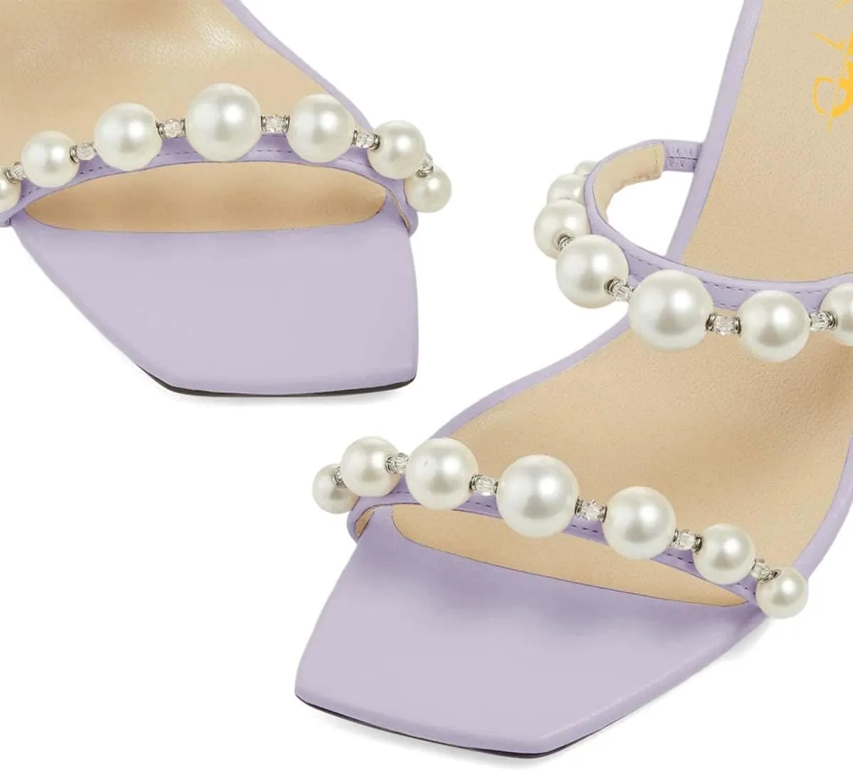 XYD Women Square Open Toe Pearls Embellished Dual Straps Slides Sandals Slip On Low/High Chunky Block Heel Chic Mules Summer Resort Outdoor Party Shoes