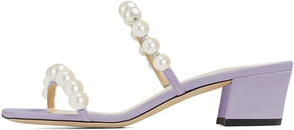 XYD Women Square Open Toe Pearls Embellished Dual Straps Slides Sandals Slip On Low/High Chunky Block Heel Chic Mules Summer Resort Outdoor Party Shoes
