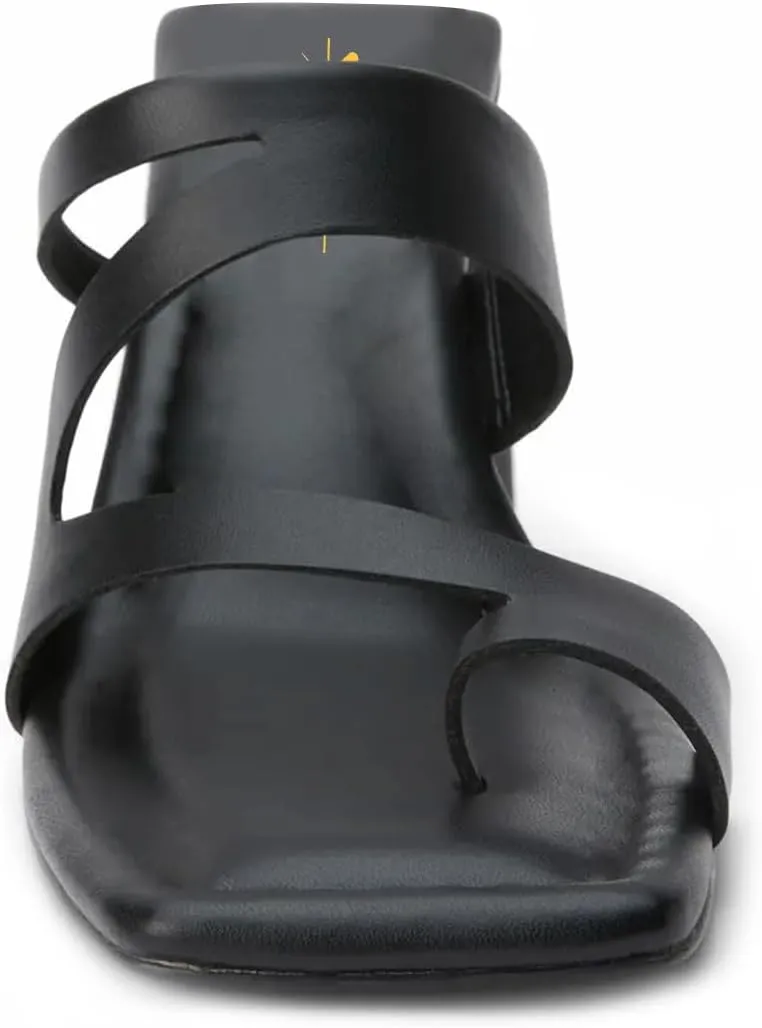 XYD Women Thong Strappy Slides Sandals Triangular Block High Heels Square Open Toe Mules Dressy Chic Shoes