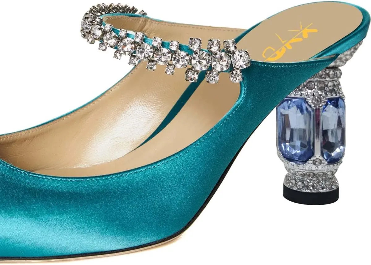 XYD Women's Mule with Sparkly Strap Backless Pointed Closed Toe Block Heel Sandals Crystal Bridal Party Shoes