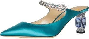 XYD Women's Mule with Sparkly Strap Backless Pointed Closed Toe Block Heel Sandals Crystal Bridal Party Shoes