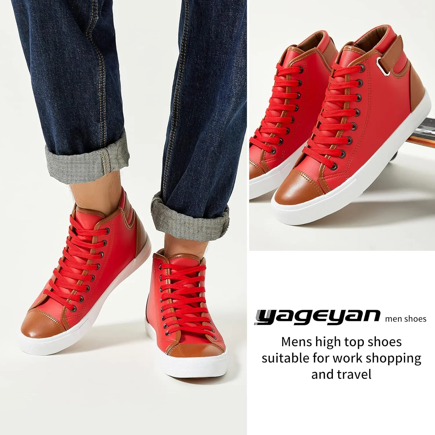 yageyan Men White high top Sneakers for Casual Black pu Leather Fashion Shoes for Men