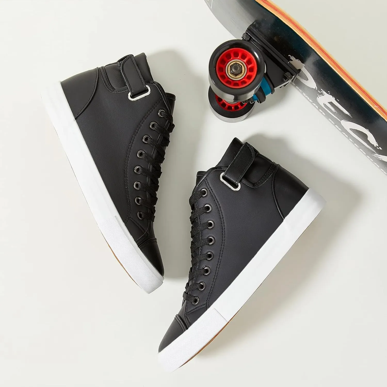 yageyan Men White high top Sneakers for Casual Black pu Leather Fashion Shoes for Men
