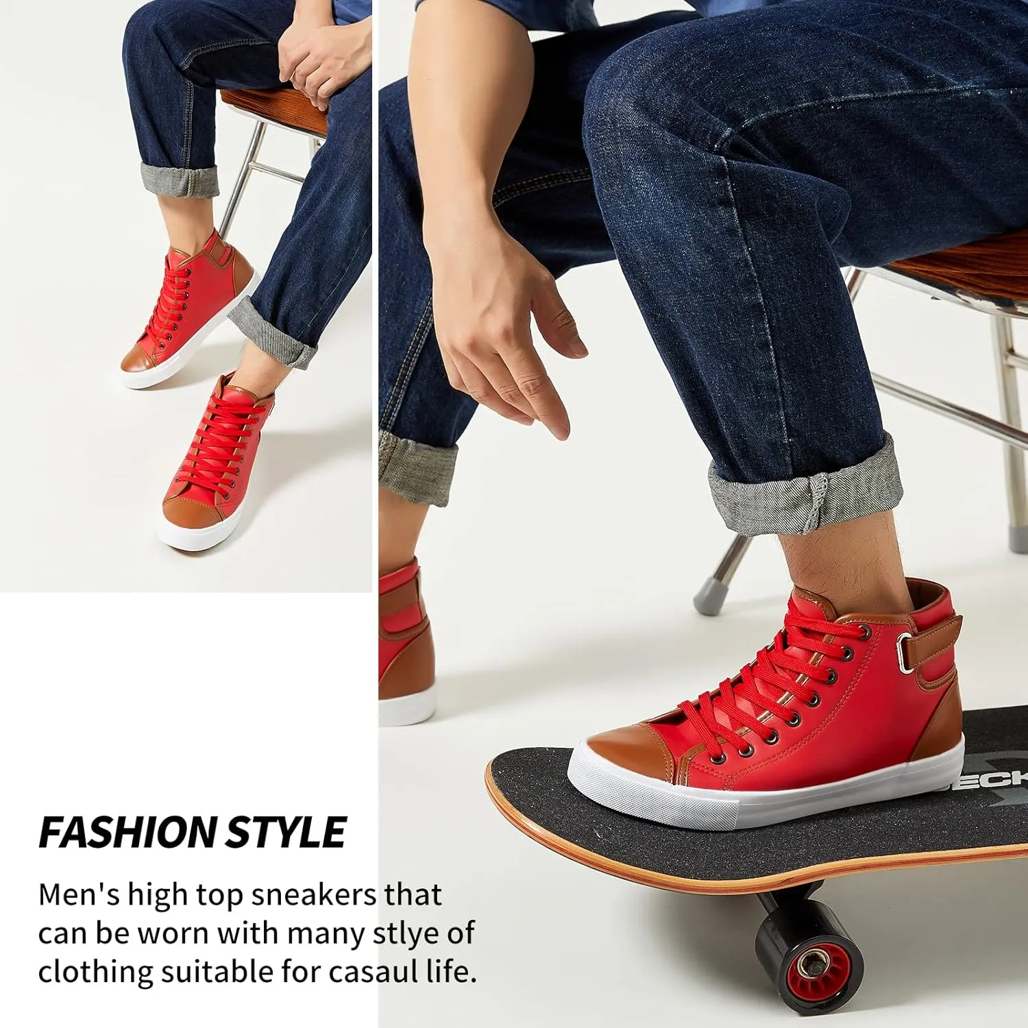 yageyan Men White high top Sneakers for Casual Black pu Leather Fashion Shoes for Men