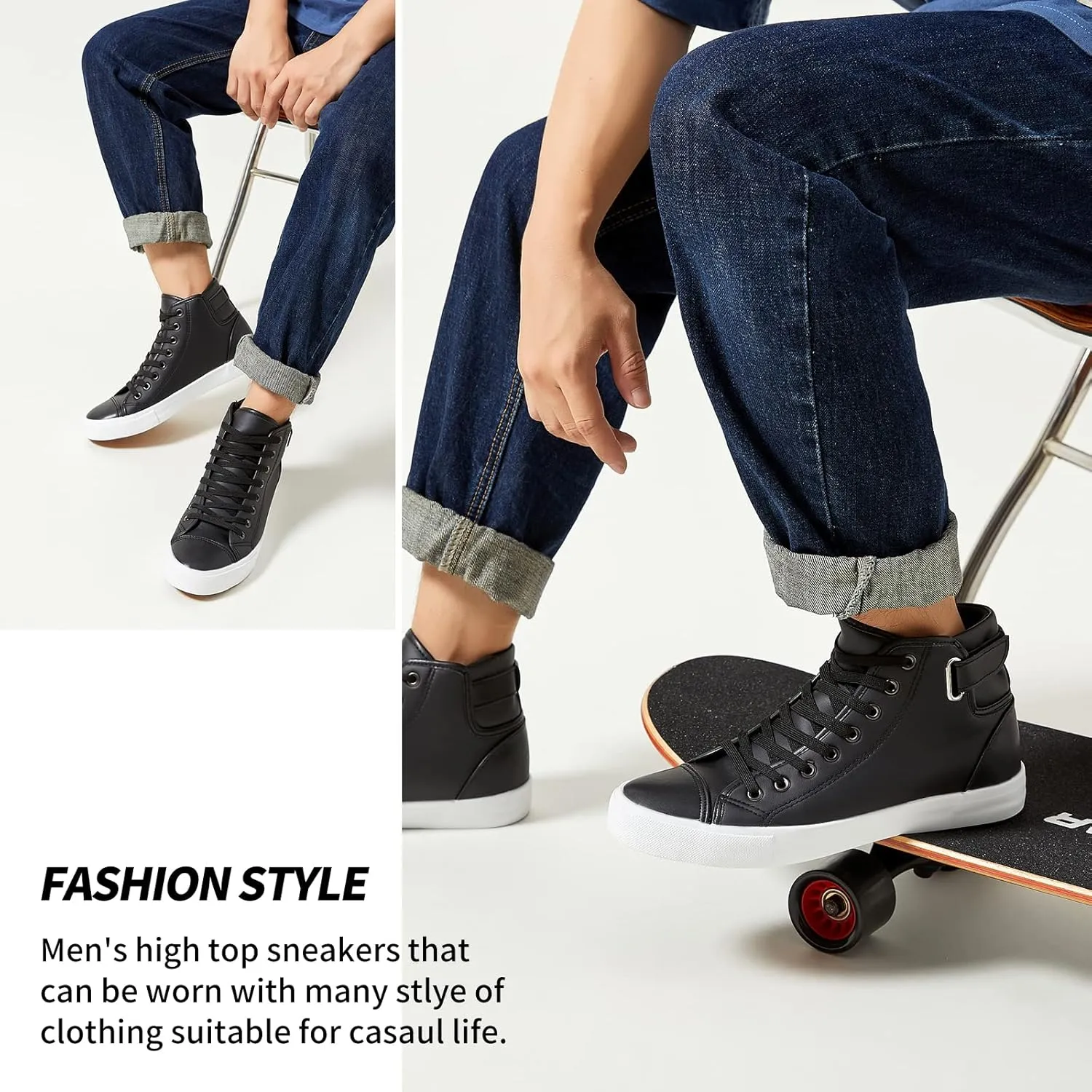 yageyan Men White high top Sneakers for Casual Black pu Leather Fashion Shoes for Men