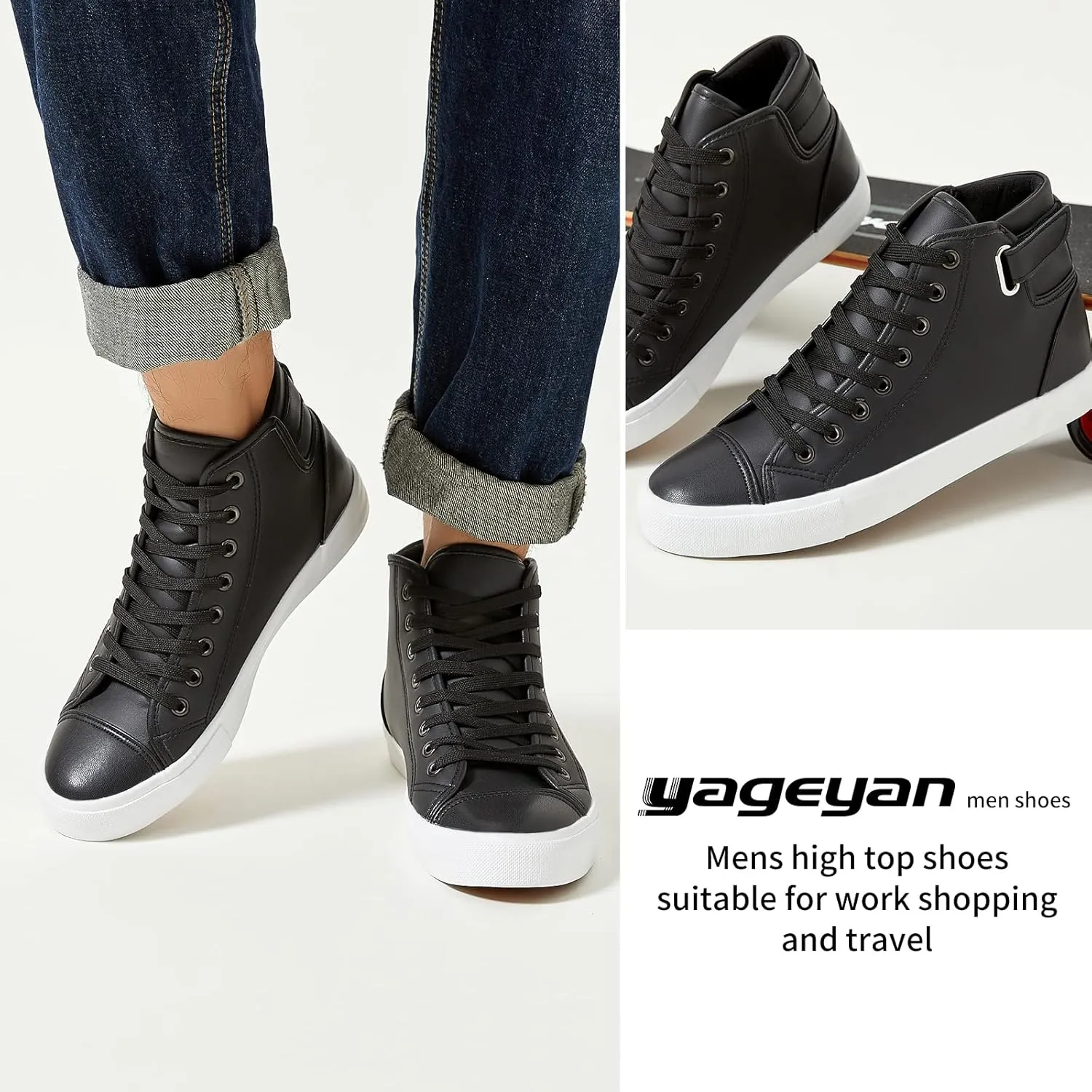 yageyan Men White high top Sneakers for Casual Black pu Leather Fashion Shoes for Men